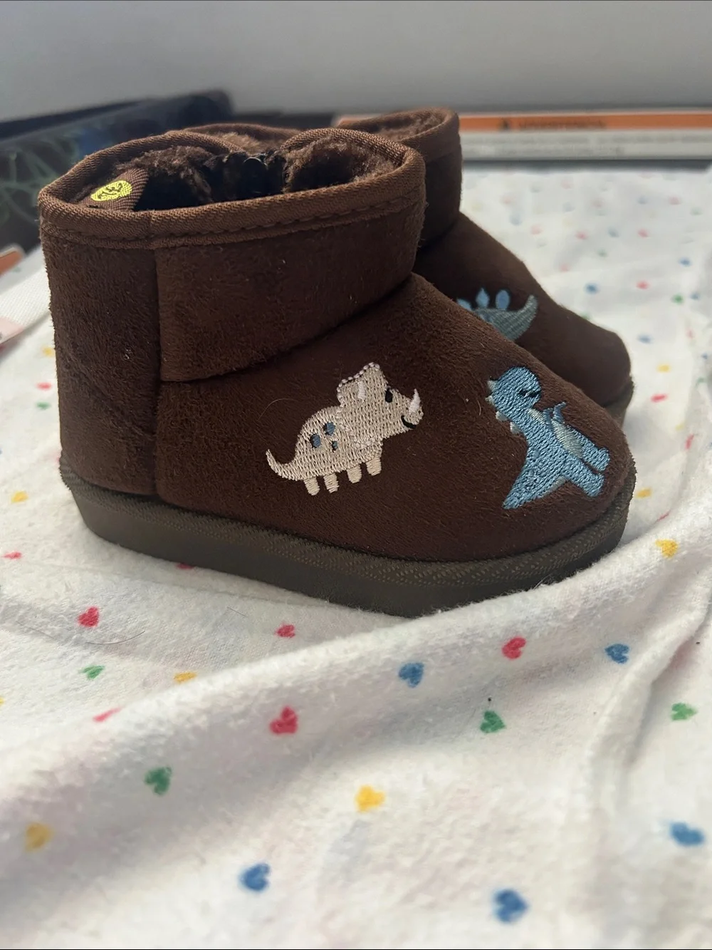 Brown Dino Embroidered Kids Booties - Cozy Slip-On Boots
